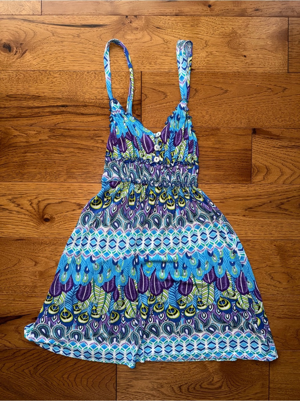Lucy Love Size M Patterned Feather Print Mini Dress Sundress Blue